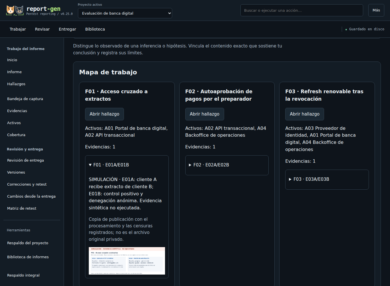 Mapa de trabajo de Banco Lumbre en report-gen 0.25.0, con un activo y una figura sintética vinculados al primer hallazgo.