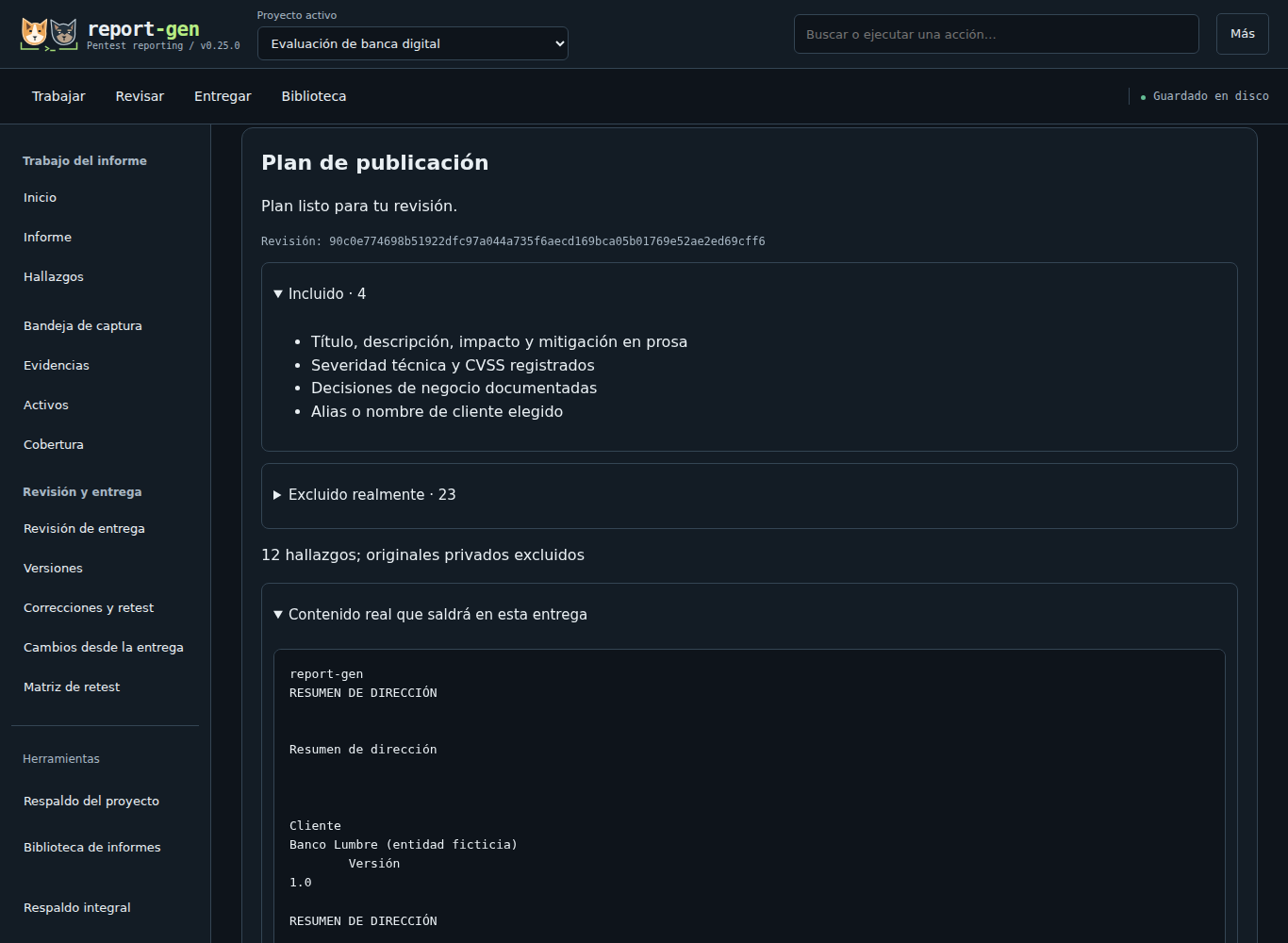 Plan de publicación de un resumen de dirección de Banco Lumbre en report-gen 0.25.0, con inclusiones, exclusiones y contenido de la simulación.