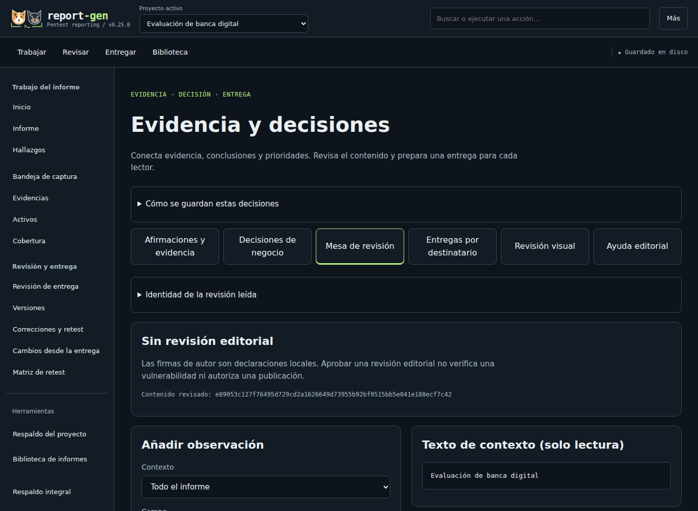 Mesa de revisión editorial de Banco Lumbre en report-gen 0.25.0, sin revisión registrada.