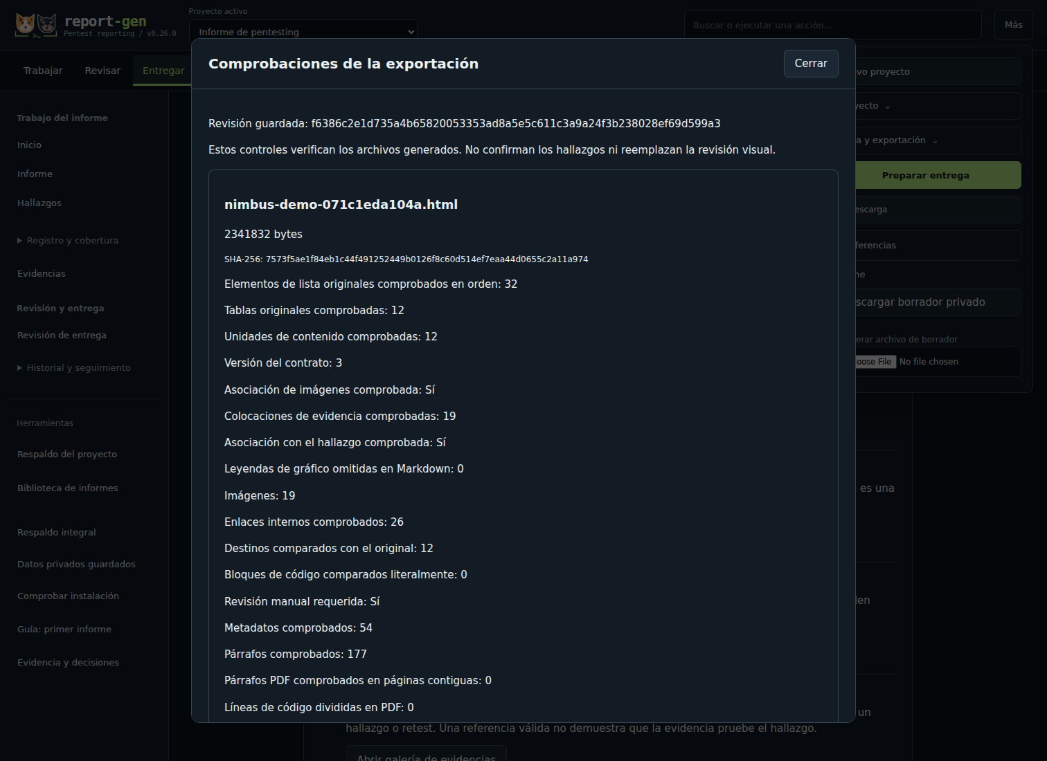 Diálogo real de comprobaciones del HTML generado por report-gen 0.26.0 para la demo ficticia Nimbus.