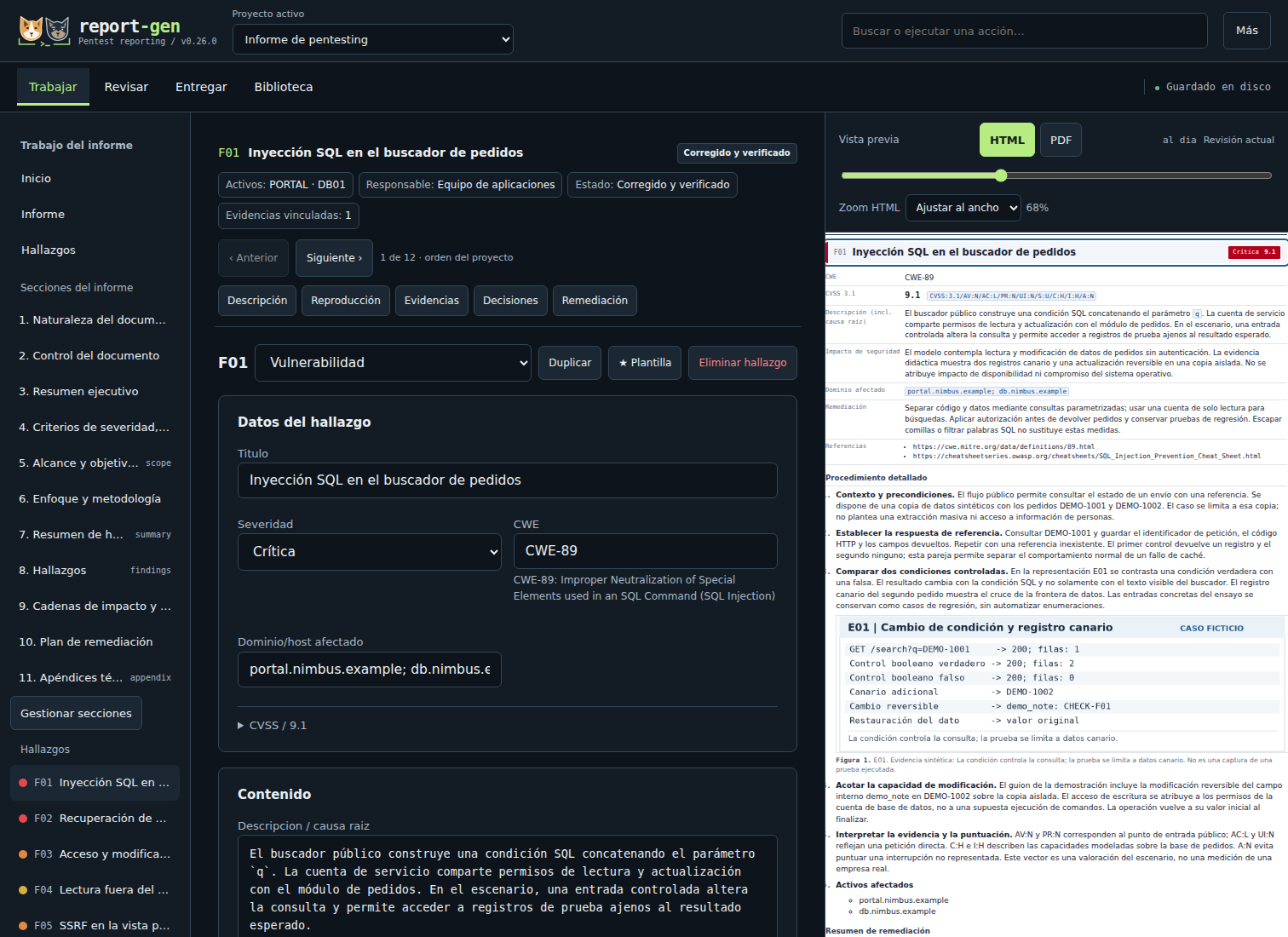 Editor real de report-gen 0.26.0 con el hallazgo F01 y vista previa ajustada al ancho del caso ficticio Nimbus.