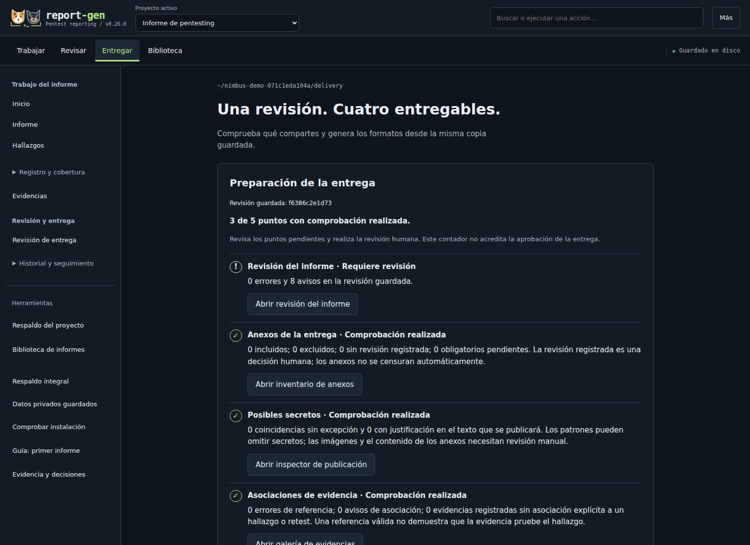 Pantalla Entregar de report-gen 0.26.0 con los estados y accesos de preparación de la demo ficticia Nimbus.